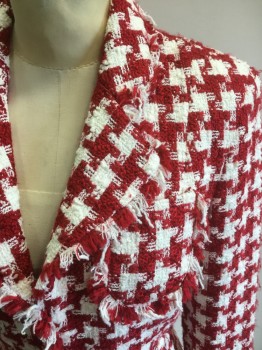 INC, Red, White, Cotton, Acrylic, Houndstooth, Boucle, Hook & Eyes Front, Collar Attached, Notched Lapel, 4 Pockets, Fringe Hem