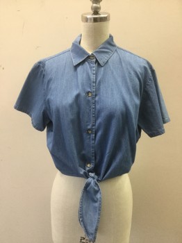 AMERICAN APPAREL, Blue, Cotton, Solid, Button Front, Short Sleeves, Collar Attached, Self Tie Front