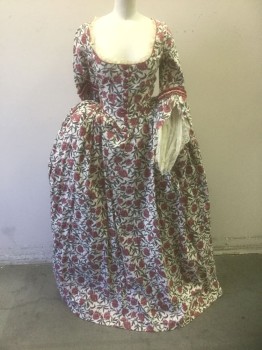 N/L MTO, Ecru, Cranberry Red, Purple, Dk Blue, Cotton, Floral, Scoop Neck with Cream Lace Trim, Cranberry Fabric Covered Buttons at Center Front, 3/4 Sleeves with Cream Lace Ruffle, V Shaped Waist at Bodice, Attached to Floor Length Skirt, 1700's Inspired Made To Order