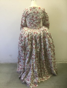 Womens, Historical Fiction Dress, N/L MTO, Ecru, Cranberry Red, Purple, Dk Blue, Cotton, Floral, W:24, B:32, Scoop Neck with Cream Lace Trim, Cranberry Fabric Covered Buttons at Center Front, 3/4 Sleeves with Cream Lace Ruffle, V Shaped Waist at Bodice, Attached to Floor Length Skirt, 1700's Inspired Made To Order