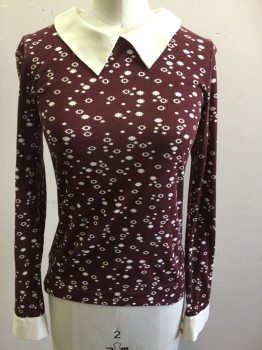 ORLA KIELY, Brown, White, Off White, Cotton, Floral, Cream Peter Pan Peaked Collar/cuffs, Pull Over, Long Sleeves, Back Button