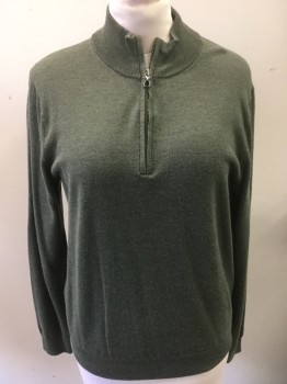 SAKS FIFTH AVENUE, Moss Green, Off White, Wool, Solid, Knit, Mock Turtle Neck, 1/4 Zip Front, L/S, Off-White Edge To Cuffs & Waistband