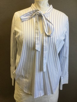 MICHAEL KORS, White, Blue, Cotton, Elastane, Stripes - Vertical , Pullover, 1/4 Open Front, Long Sleeves, Extended Cuff, Stand Tie Front Collar