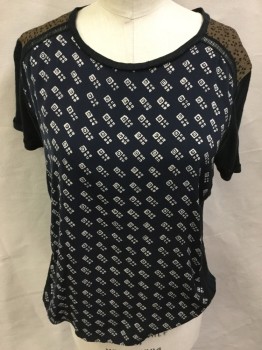 SCOTCH & SODA, Navy Blue, Cream, Brown, Black, Polyester, Cotton, Abstract , Color Blocking, Navy with Cream Abstract Front, Black Thread Panel @ Shoulder & Side Stripe,  Light Brown with Black Leopard Print @ Shoulder, Black Trim Round Neck, Short Sleeves & Back