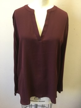 INC, Red Burgundy, Rayon, Polyester, Solid, Long Sleeves, Round Neck with Deep V Notch at Center Front, Pullover, Sleeves and Back are Jersey, Front Panel is Crepe
