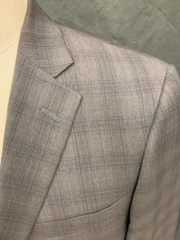 HART SCHAFFNER MARX, Lt Brown, Brown, Blue, Wool, Heathered, Plaid, Heather Light Brown with Brown Plaid and Light Blue Grid, Single Breasted, Collar Attached, Notched Lapel, 3 Pockets, 2 Buttons