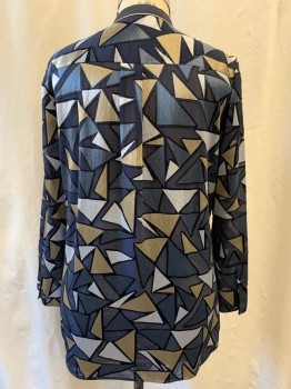 LAFAYETTE 148, Black, Midnight Blue, Lt Gray, Dk Gray, Polyester, Viscose, Geometric, Collar Band with Small Chain & Silver Bead Trim, Button Front, Long Sleeves, Split Cuffs *Distressed Patch on Lower Back