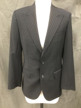 HUGO BOSS, Black, Lt Blue, Wool, Stripes - Pin, Black with Lt Blue Pinstripe, Single Breasted, Collar Attached, Peaked Lapel, Hand Picked Collar/Lapel, 3 Pockets, Long Sleeves