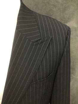HUGO BOSS, Black, Lt Blue, Wool, Stripes - Pin, Black with Lt Blue Pinstripe, Single Breasted, Collar Attached, Peaked Lapel, Hand Picked Collar/Lapel, 3 Pockets, Long Sleeves