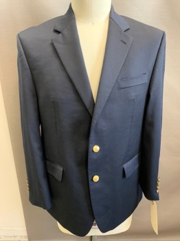 RALPH LAUREN, Navy Blue, Wool, Solid, 2 Button Front, Notched Lapel, 3 Pockets,