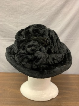 NO LABEL, Black, Faux Fur, Round Scrunched Up Crown, Bow on Back