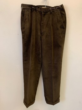 Mens, Casual Pants, GEORGE, Dk Brown, Polyester, Nylon, Solid, 32/32, Corduroy, Double Pleats, 4 Pckts, Belt Loops, Cuffed