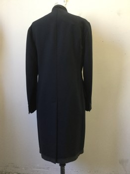 Mens, Coat, Overcoat, LANVIN, Navy Blue, Wool, Elastane, Solid, 46, Single Breasted, 3 Button Front, 2 Pockets, Raw Edge Detail on Collar, peak Collar,back Vent, Grey Strip of Fabric at Hem,Partial Lining
