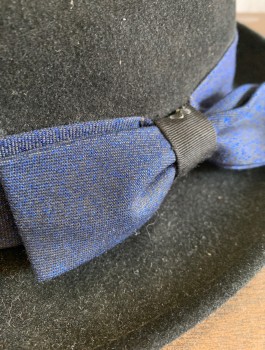 Mens, Fedora, STEFANO, Black, Iridescent Blue, Fur, L, Felt, With Glittery Blue Band Added, Short Brim, Part Of Set Of Multiples With Matching Suit Jackets FC032469 & FC077816, Retro