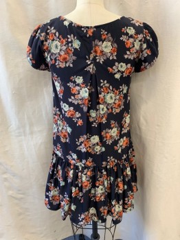 PINS & NEEDLES, Navy Blue, Green, Orange, Gray, Polyester, Floral, Pullover, Shift Dress with Pleated Hem, Inverted Pleat on Beck, Knee Length