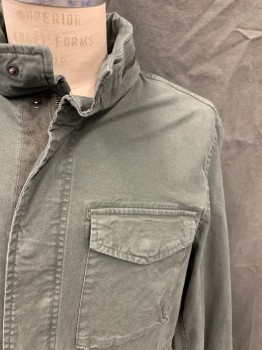 Mens, Casual Jacket, OLD NAVY, Olive Green, Cotton, Spandex, Solid, M, Army Style Jacket, Zip Front, Snap Hidden Placket, 4 Pockets, Stand Collar with Zipper, Tab Button Cuff, Drawstring Waist