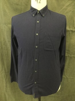 CLUB MONACO, Navy Blue, Cotton, Solid, Button Front, Collar Attached, Button Down Collar, Long Sleeves, 1 Pocket