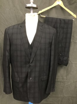 Mens, Suit, Jacket, GIOVANNI TESTI, Black, Silver, Polyester, Viscose, Grid , Plaid, 50L, Black with Silver Plaid, Single Breasted, Collar Attached, Notched Lapel, 3 Pockets, 2 Buttons