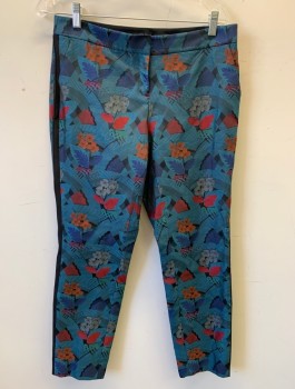 Womens, Suit, Pants, LAFAYETTE 148, Turquoise Blue, Royal Blue, Red, Black, Gray, Polyester, Floral, Geometric, W32, Sz.4, Brocade, Mid Rise, Slim Cropped Leg, Black Outseam Stripe, Zip Fly, 2 Pockets