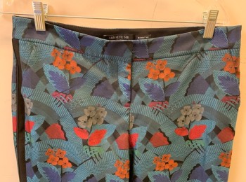 Womens, Suit, Pants, LAFAYETTE 148, Turquoise Blue, Royal Blue, Red, Black, Gray, Polyester, Floral, Geometric, W32, Sz.4, Brocade, Mid Rise, Slim Cropped Leg, Black Outseam Stripe, Zip Fly, 2 Pockets