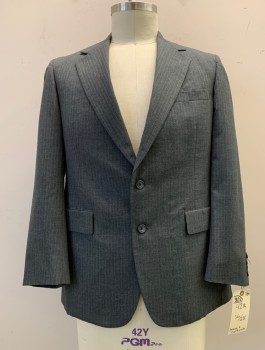 Mens, Suit, Jacket, SOUSA & LEFKOVITS, Heather Gray, White, Wool, Stripes - Pin, 42 R, Notched Lapel, Collar Attached, 2 Buttons,  3 Pockets, Late 70s Early 80s