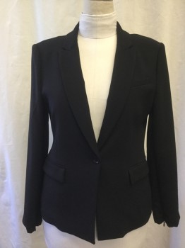 BCBG, Black, Polyester, Rayon, Solid, Single Breasted, Collar Attached, Peaked Lapel, 2 Flap Pockets, Zip Sleeve Hem