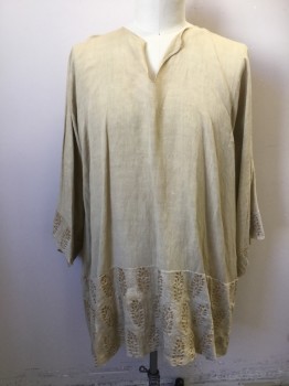 MTO, Lt Beige, Gold, Linen, Cotton, Solid, Floral, Made To Order, Slash Neck, Long Sleeves with Faux Embroidery of Gold Paint. Band of Faux Floral Embroidery at Hem