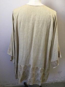 MTO, Lt Beige, Gold, Linen, Cotton, Solid, Floral, Made To Order, Slash Neck, Long Sleeves with Faux Embroidery of Gold Paint. Band of Faux Floral Embroidery at Hem