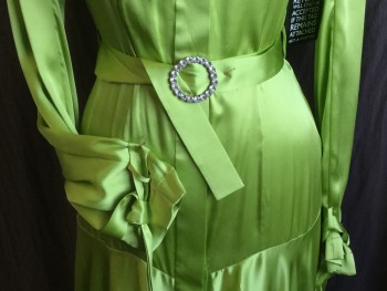 Womens, Evening Gown, MATERIEL, Lime Green, Lime Green, Silk, Solid, 4, Collar Attached, Hidden Clear Button Front, 1  Faux Diagonal Pocket, Long Sleeves with Belt Hoops and Detachable Self Short Belt @ Hem (on Both Side), Drop Waist,self Matching  1.5" Detachable Waist Belt with Circle Rhinestones Buckle, Uneven Jagged Edge Hem