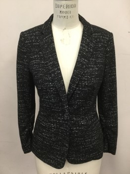 VINCE CAMUTO, Black, White, Polyester, Viscose, Speckled, Knit, Single Breasted, Collar Attached, Notched Lapel, 2 Welt Pockets, 1 Button, Ruched Inner Sleeve Seam