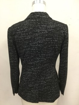 VINCE CAMUTO, Black, White, Polyester, Viscose, Speckled, Knit, Single Breasted, Collar Attached, Notched Lapel, 2 Welt Pockets, 1 Button, Ruched Inner Sleeve Seam