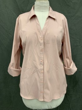 ELLE, Blush Pink, Polyester, Nylon, Solid, Button Front, Collar Attached, Long Sleeves, Button Mid Sleeve for Roll Up Tab Closure