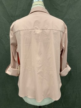 ELLE, Blush Pink, Polyester, Nylon, Solid, Button Front, Collar Attached, Long Sleeves, Button Mid Sleeve for Roll Up Tab Closure