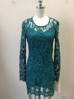 Womens, Dress, Long & 3/4 Sleeve, FOR LOVE & LEMONS, Teal Green, Nylon, Spandex, Solid, S, Long Sleeves, Teal Green Lace Over layer, Back Zipper, Spandex Spaghetti Strap Body Contour Dress Underlayer Tacked to Outer Dress at Shoulders
