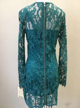 Womens, Dress, Long & 3/4 Sleeve, FOR LOVE & LEMONS, Teal Green, Nylon, Spandex, Solid, S, Long Sleeves, Teal Green Lace Over layer, Back Zipper, Spandex Spaghetti Strap Body Contour Dress Underlayer Tacked to Outer Dress at Shoulders