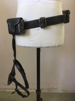 Black, Leather, Utility Belt Heavy, 4 Pouches, 1 Knife Sheath with Thigh Straps, 1 Extra Utility Holder