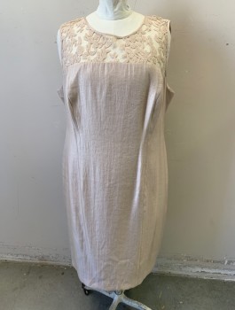 ADRIANNA PAPELL, Taupe, Cotton, Nylon, Solid, Sheer Net at Upper Chest/Shoulders with Swirled Embroidery, Round Neck, Princess Seams, Knee Length, Invisible Zipper in Back