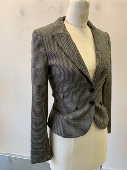 Womens, Suit, Jacket, H&M, Tobacco Brown, Black, Gray, Polyester, Viscose, Houndstooth, Sz.4, Fitted, Peaked Lapel, 2 Buttons, 3 Pockets, Padded Shoulders