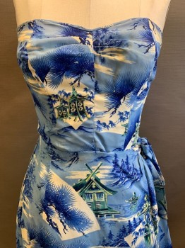 Womens, Dress, Royal Hawaiian, Blue, Lt Blue, White, Sage Green, Polyester, Asian Inspired Theme, W22, B32, Strapless, Sweetheart Neckline, Pleated Chest, Wraparound with Side Tie, Side Zipper,