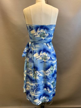 Womens, Dress, Royal Hawaiian, Blue, Lt Blue, White, Sage Green, Polyester, Asian Inspired Theme, W22, B32, Strapless, Sweetheart Neckline, Pleated Chest, Wraparound with Side Tie, Side Zipper,