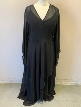 Womens, Dress, Piece 1, CITY CHIC, Black, Polyester, Elastane, Solid, Sz.24, XXL, Sheer Chiffon, Wrap Dress, Long Flared Sleeves, Wrapped Surplice V-neck, Self Ties at Waist, Ankle Length, Plus Size