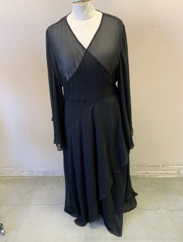 Womens, Dress, Piece 1, CITY CHIC, Black, Polyester, Elastane, Solid, Sz.24, XXL, Sheer Chiffon, Wrap Dress, Long Flared Sleeves, Wrapped Surplice V-neck, Self Ties at Waist, Ankle Length, Plus Size