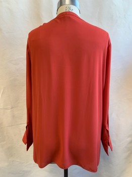 Womens, Blouse, CATHERINE MALANDRINO, Tomato Red, Polyester, Solid, 2X, V-neck Placket, Band Collar, 2 Asymmetrical Front Tiers, Long Sleeves, Button Cuff, Button Tab for Roll Up Sleeve