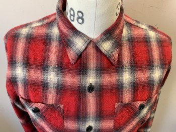 RALPH LAUREN, Red, Cream, Lt Gray, Black, Cotton, Plaid, Long Sleeves, Button Front, Collar Attached, 2 Pockets,