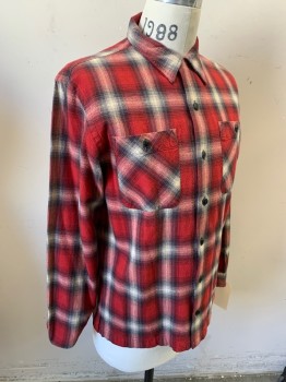 RALPH LAUREN, Red, Cream, Lt Gray, Black, Cotton, Plaid, Long Sleeves, Button Front, Collar Attached, 2 Pockets,