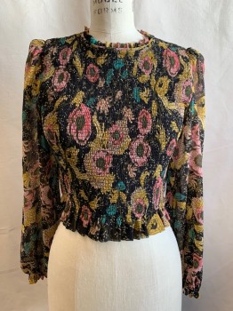 Womens, Top, WILFRED, Black, Mustard Yellow, Pink, Teal Green, Polyester, Floral, M, Smocked Top, Ruffle Collar, Back Zip, Ruffle Hem, Sheer Long Sleeves, with Elastic Ruffle Cuff