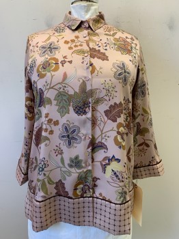 Womens, Blouse, MARINA RINALDI, Dusty Rose Pink, Mauve Pink, Olive Green, Lt Yellow, Brown, Polyester, Floral, 12, Collar Attached, B.F., Dusty Rose Buttons With "Marina Sport" Carved On, L/S, Brown Piping & Grid/Vine Pattern On Cuffs & Hem