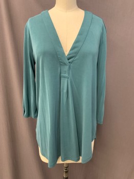 Womens, Blouse, LUSH, Teal Green, Modal, Polyester, Solid, XS, V-neck, Pullover, Long Sleeves, Tab & Button