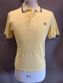 FRED PERRY, Lt Yellow, Cotton, Solid, Pique Jersey, Royal Blue & Navy Stripes at Sleeves and Collar Attached, 2 Button Placket, Navy Laurel Leaves Logo Embroidered on Chest