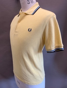 FRED PERRY, Lt Yellow, Cotton, Solid, Pique Jersey, Royal Blue & Navy Stripes at Sleeves and Collar Attached, 2 Button Placket, Navy Laurel Leaves Logo Embroidered on Chest